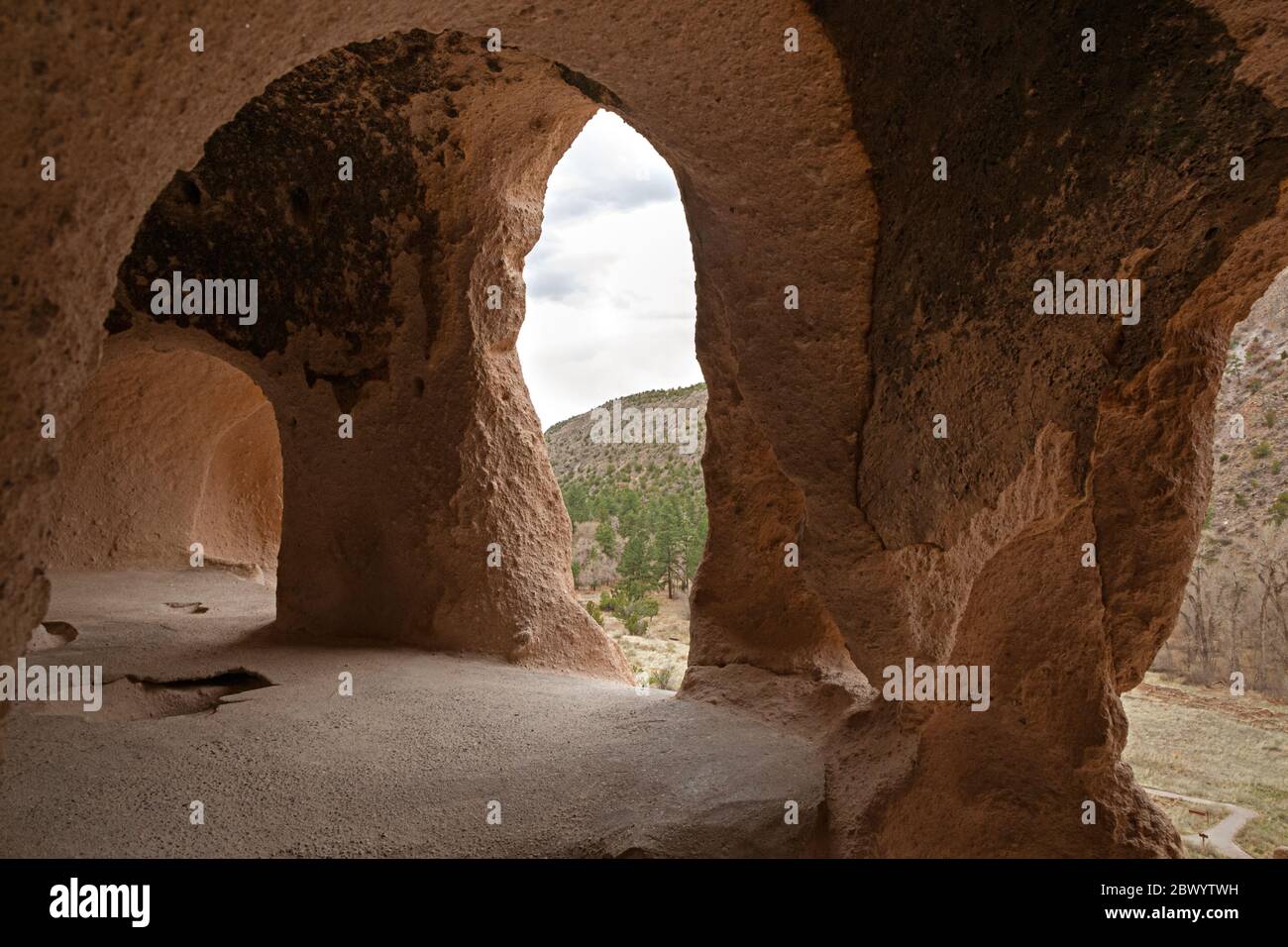NM00460-00...NUOVO MESSICO - Antica dimora di roccia scavata nella roccia morbida della scogliera sopra il Canyon di Frijoles dai Puebloans ancestrali a Bandelie Foto Stock
