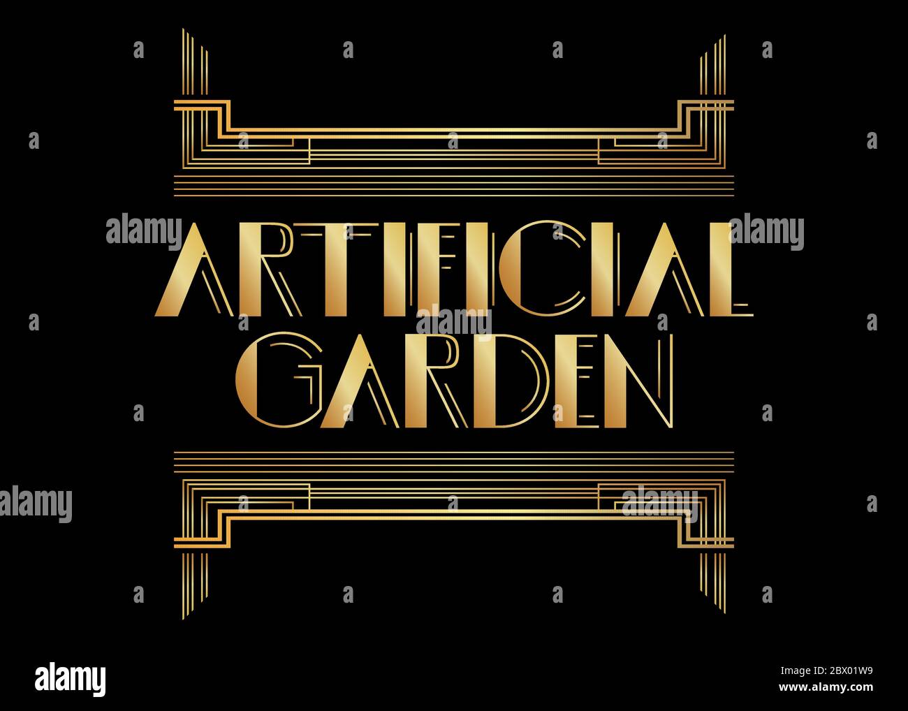 Testo Art Deco giardino artificiale. Biglietto d'auguri decorativo, segno con lettere vintage. Illustrazione Vettoriale
