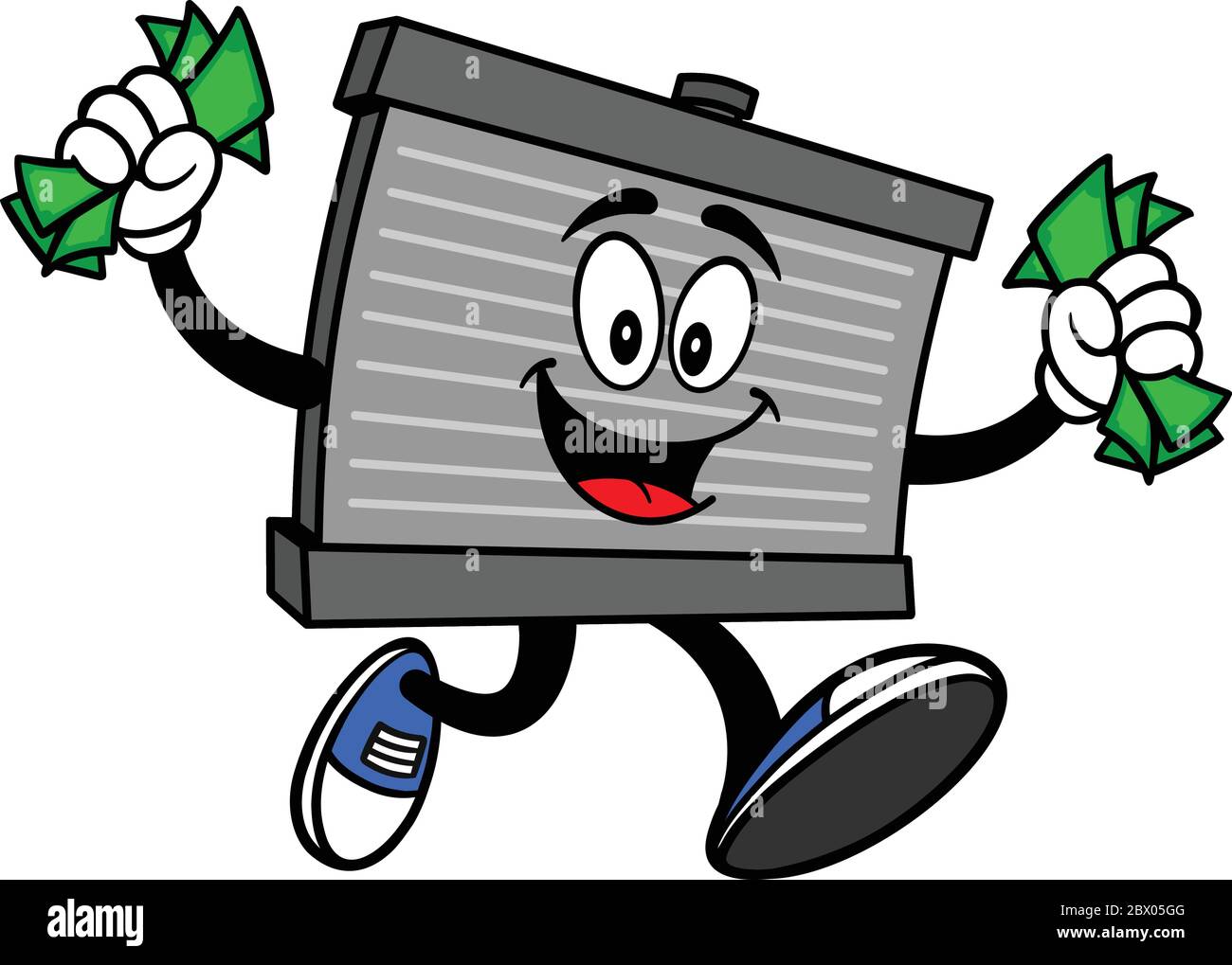 Radiator Mascot in esecuzione con denaro - UN Cartoon Illustrazione di una Mascot radiatore in esecuzione con denaro. Illustrazione Vettoriale