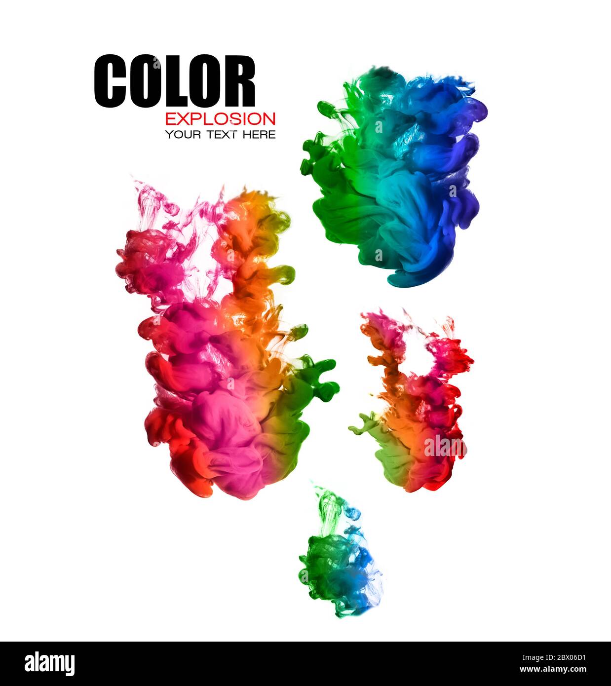 Inchiostro in acqua isolato su sfondo bianco. Arcobaleno di colori. Modello con testo di esempio. Esplosione di colore Foto Stock