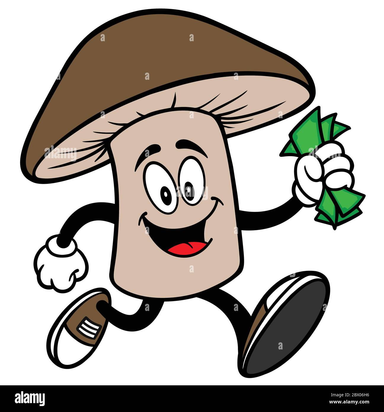 Shittake Mushroom che corre con soldi- UN Cartoon illustrazione di un Shittake Mushroom che corre con soldi. Illustrazione Vettoriale