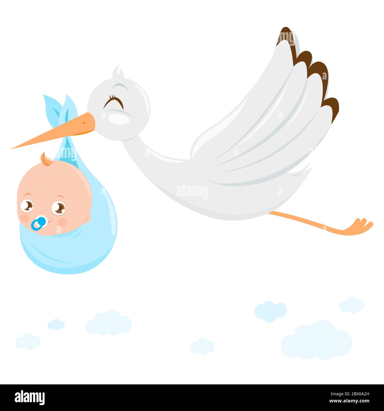 Una cicogna che vola nel cielo e che consegna un bambino bambino carino neonato. Foto Stock