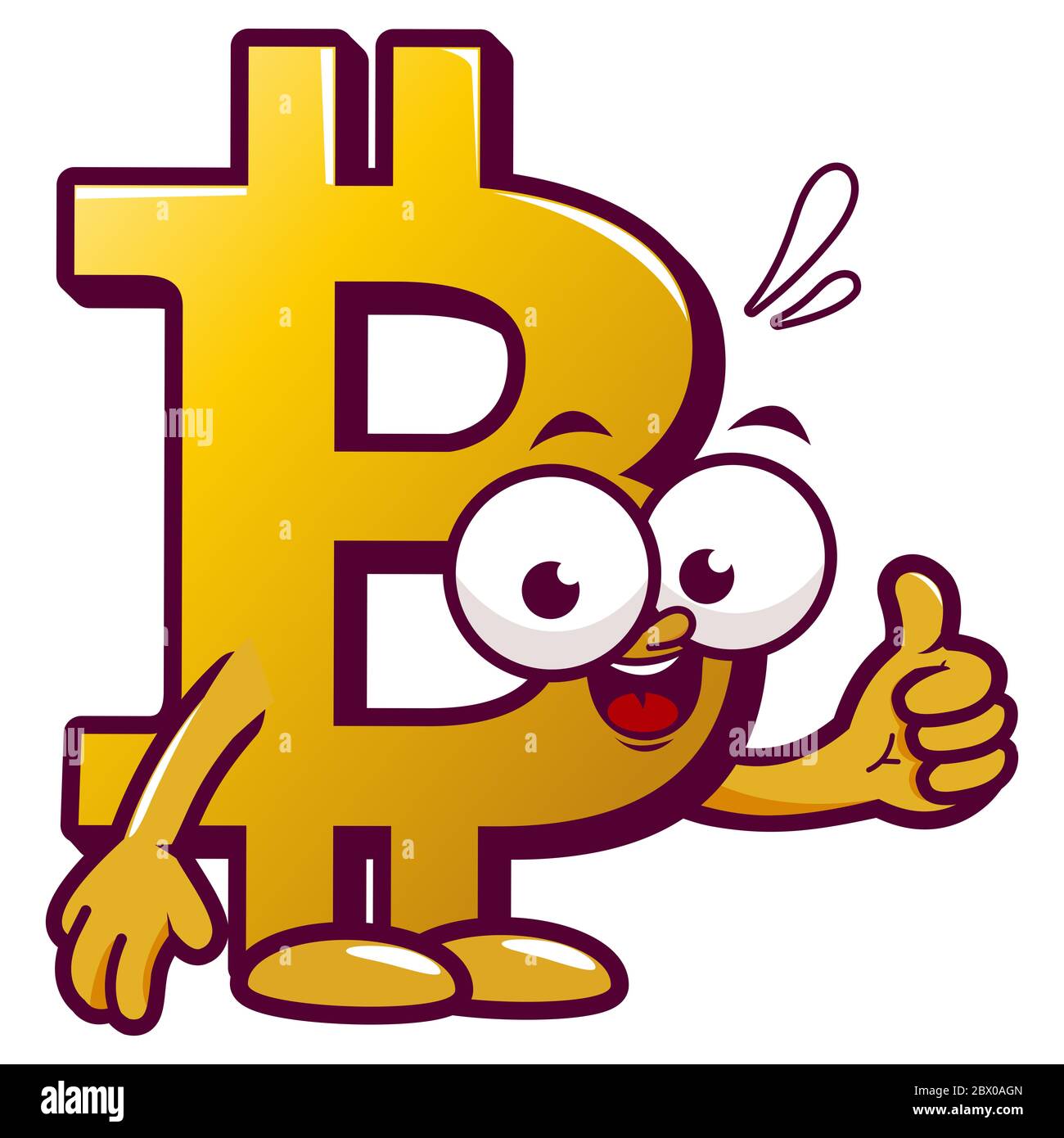Personaggio bitcoin del cartone animato che fa un gesto con il pollice in alto. Valuta digitale. Illustrazione del prezzo della moneta BTC di criptovaluta. Mascotte dei caratteri. Foto Stock