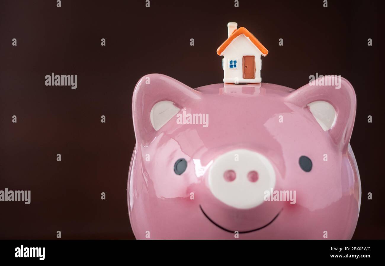 Vendita di bene immobile, risparmi, concetto di mercato dei prestiti domestici. Casa di modello su Piggy smilely rosa banca Foto Stock