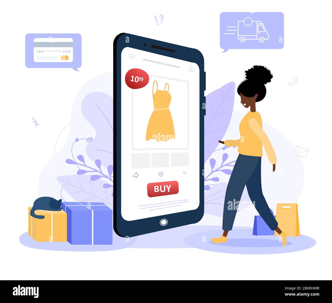 Shopping online. Consegna abbigliamento. Una donna negozio in un negozio online seduto su un pavimento. Il catalogo dei prodotti sulla pagina del browser Web. Rimani a casa Illustrazione Vettoriale