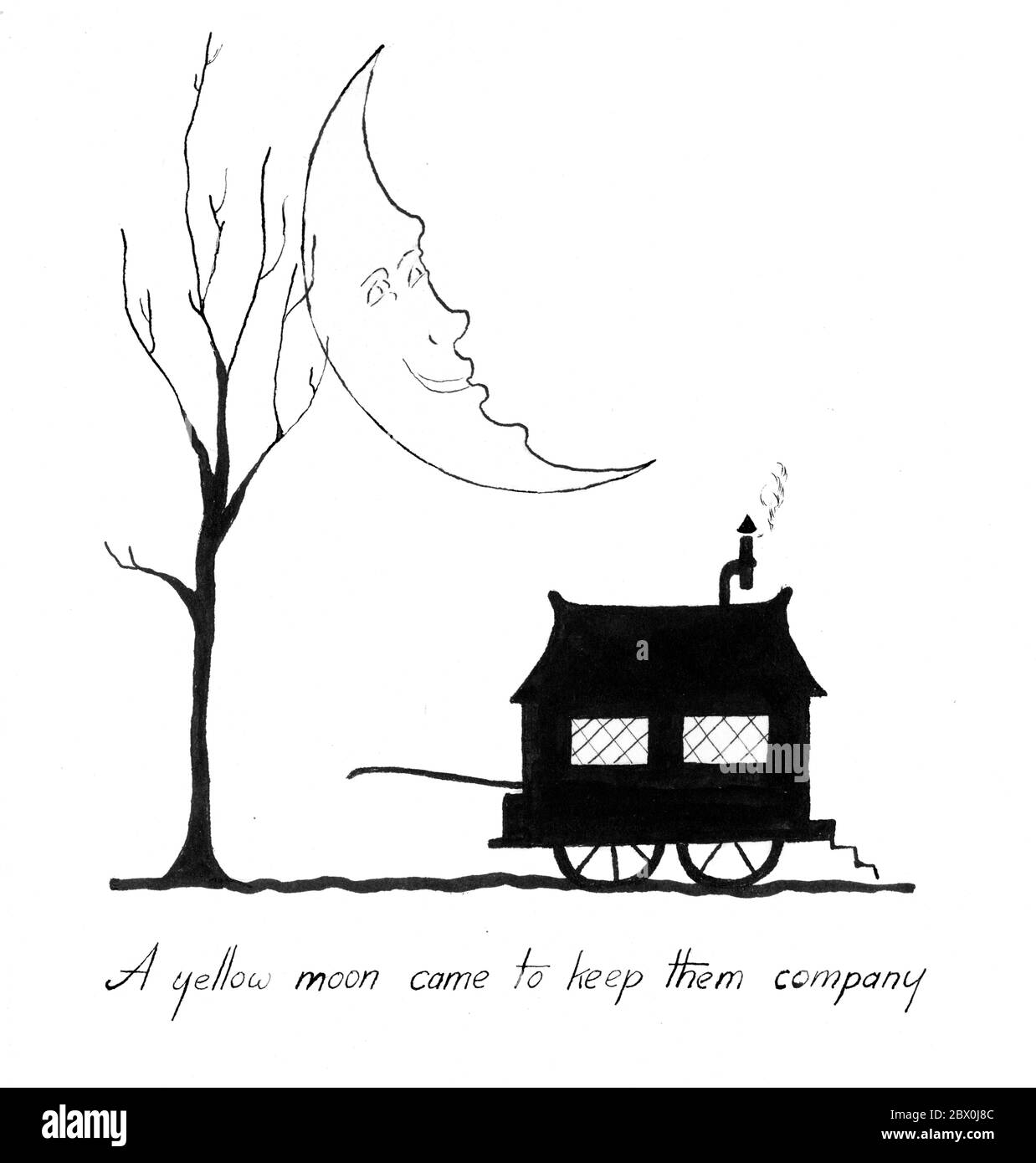 "Toad ha parlato molto di tutto quello che avrebbe fatto nei giorni a venire, mentre le stelle sono cresciute più piene e più grandi intorno a loro e una luna gialla, che appare improvvisamente e silenziosamente da nessuna parte in particolare, è venuto a tenerle compagnia e ad ascoltare la loro conversazione." - disegno/schizzo originale di penna non pubblicato di Elizabeth Ince (1927-1972) per illustrare il vento di Kenneth Grahame nei salici Foto Stock