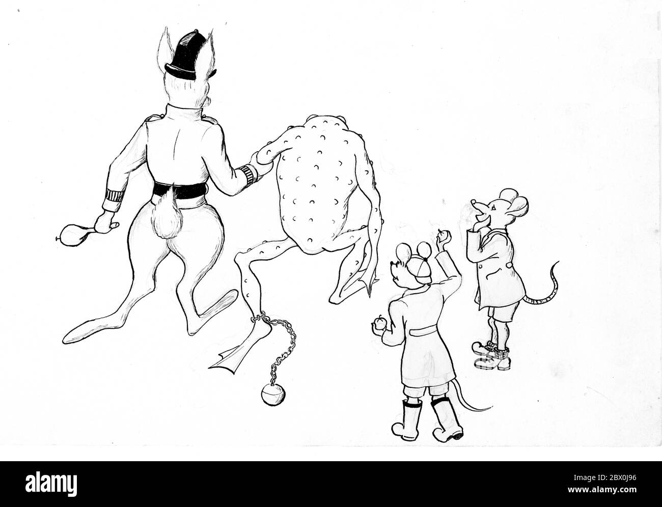 Toad viene marciato fuori da un poliziotto come i topi di campo guardare su -originale disegno/schizzo della penna non pubblicato da Elizabeth Ince (1927-1972) per illustrare il vento di Kenneth Grahame nei salici Foto Stock