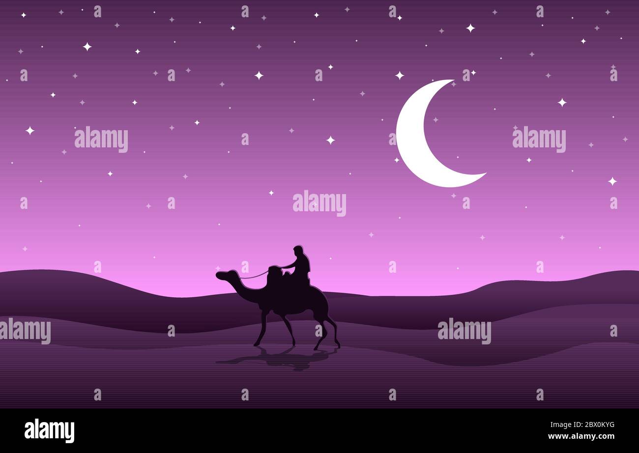 Cammello Rider attraversare vasta collina deserto Arabo paesaggio Illustrazione Illustrazione Vettoriale