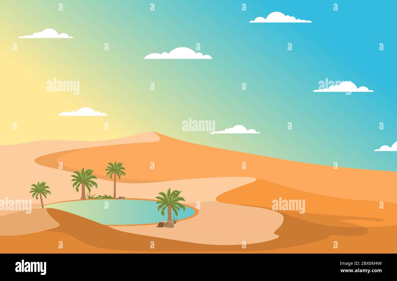 Oasis Data albero delle palme collina del deserto Arabo paesaggio Illustrazione Illustrazione Vettoriale