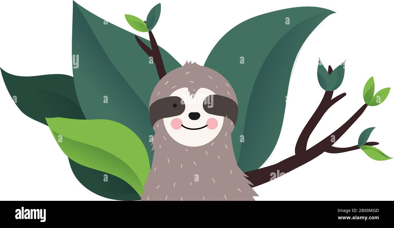Cute pigro baby sloth tra alberi tropicali Illustrazione Vettoriale