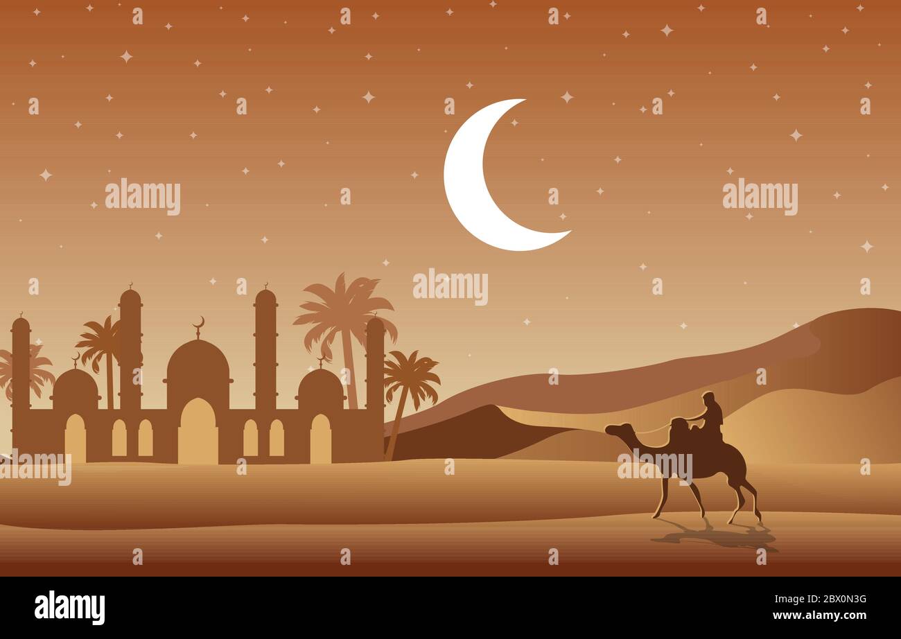Notte deserto Moschea Islamica Data albero delle palme Illustrazione del paesaggio arabo Illustrazione Vettoriale