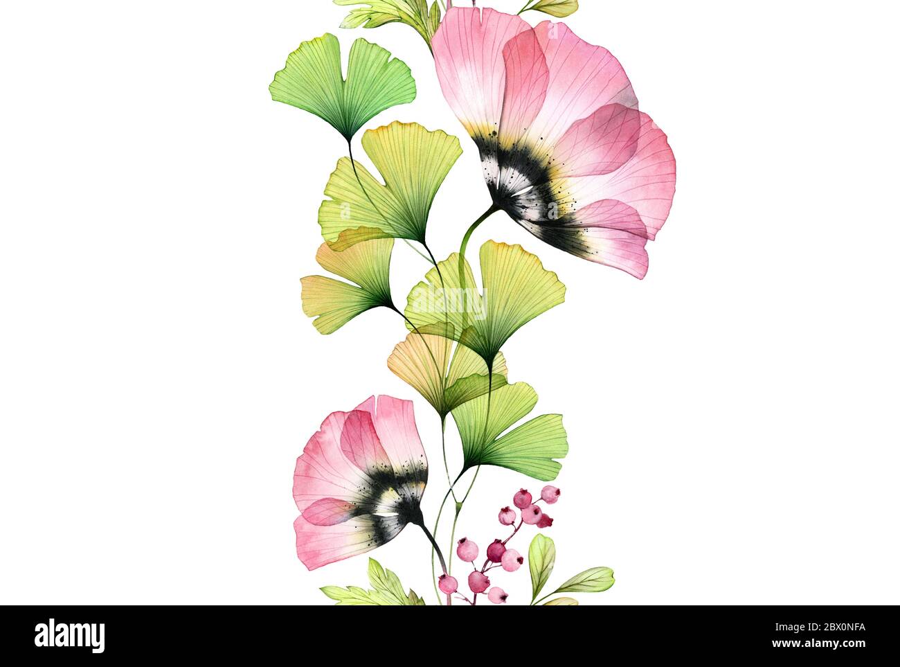 Tulipani acquerelli bordo senza giunture. Modello ripetitivo verticale. Fiori rosa astratti con gronda di ginkgo su bianco. Illustrazione botanica per le schede Foto Stock
