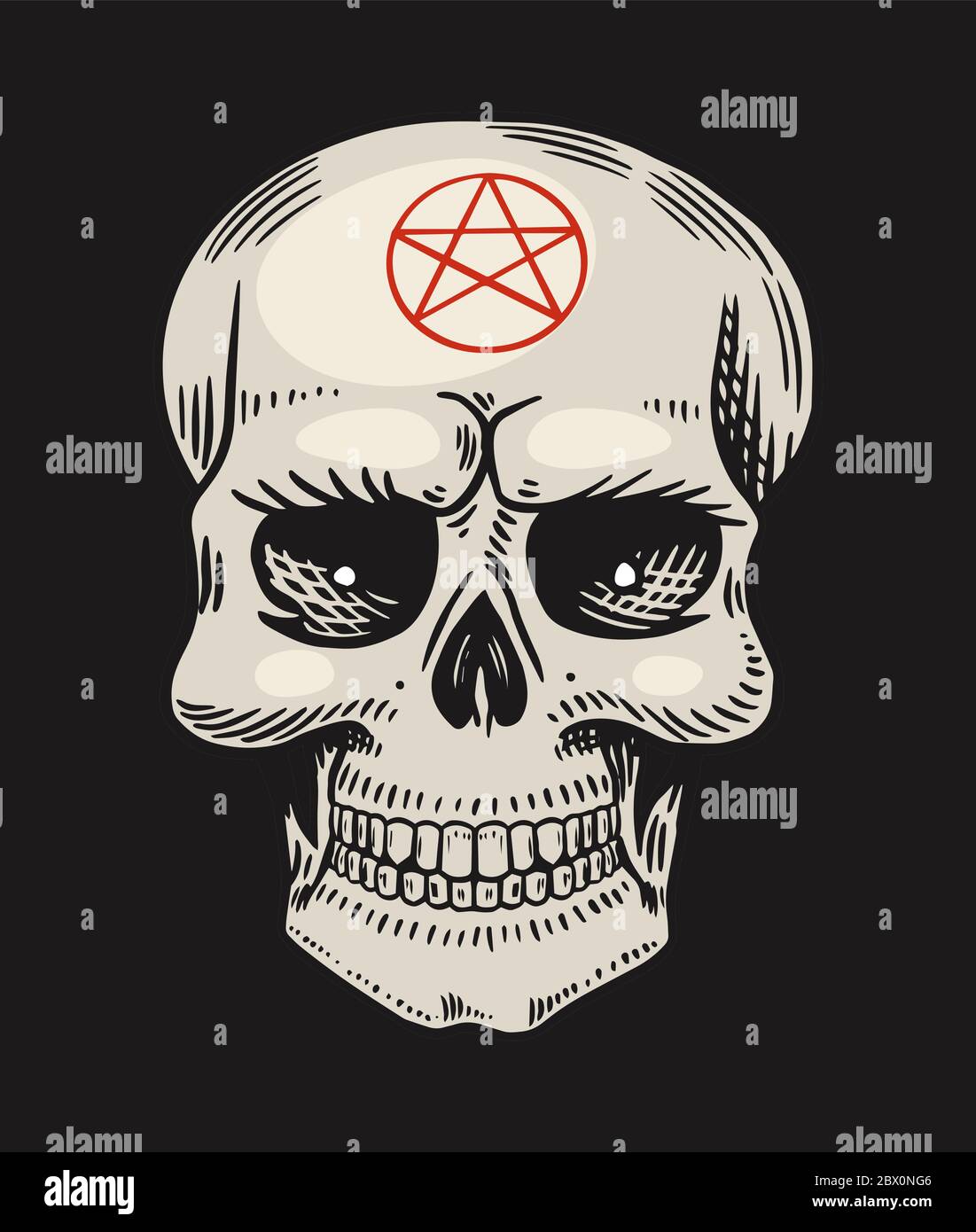 Cranio umano con simboli satanici. Elemento di magici incantesimi mistici. Disegno a mano inciso doodle. Illustrazione vettoriale. Illustrazione Vettoriale