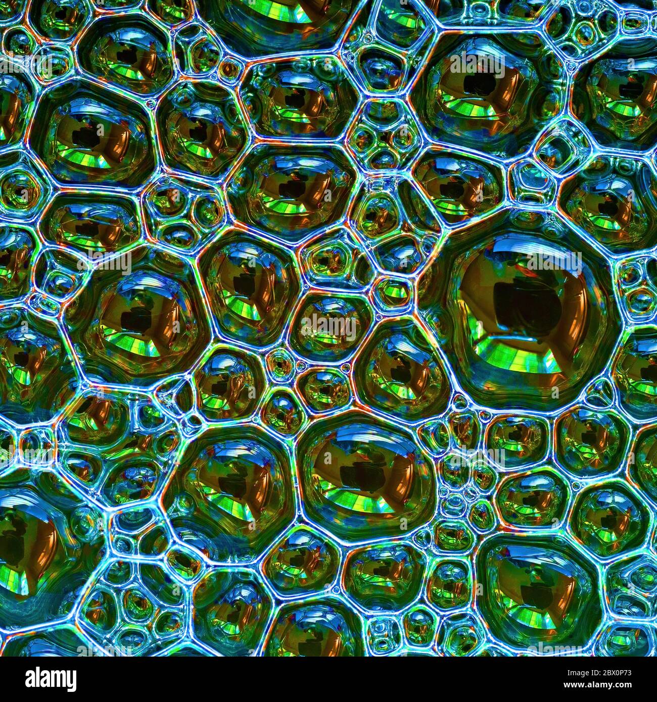 Un primo piano di uno strato di piccole bolle di sapone colorate che galleggiano sull'acqua Foto Stock