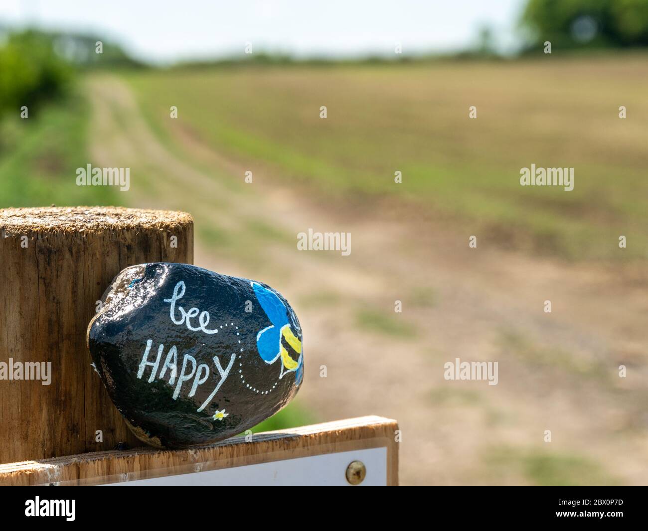 'Bee Happy' pietra dipinta sul gatepost da campagna sentiero in Leicestershire durante Covid-19 lock-down, Inghilterra, Regno Unito Foto Stock