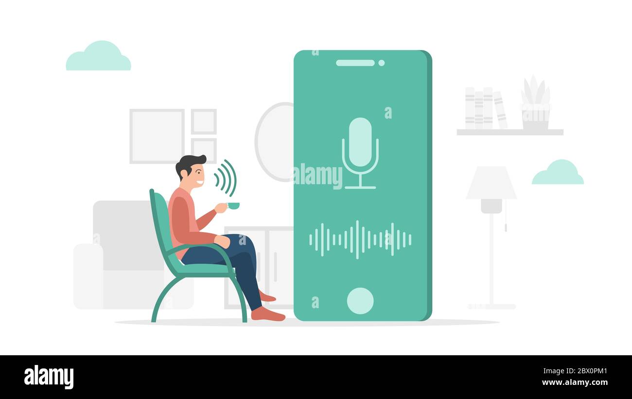 hardware applicativo con tecnologia di controllo vocale su smartphone con stile piatto moderno e vettore di tema verde minimalista Foto Stock