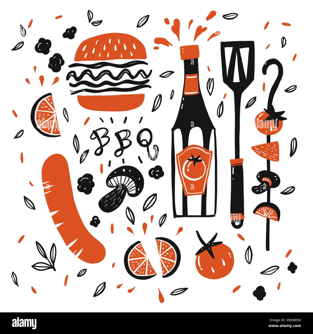 L'elemento disegnato a mano di BBQ, stile doodle illustrazione vettoriale. Foto Stock