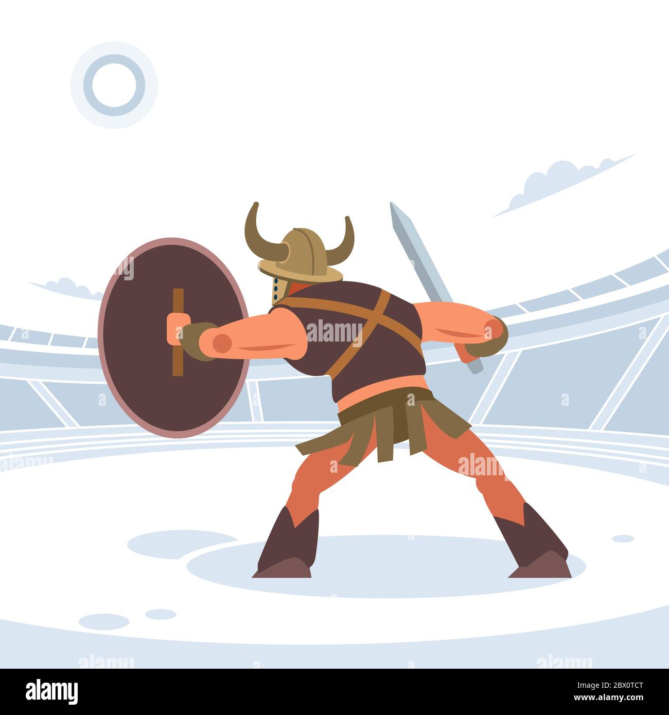 Un antico guerriero o gladiatore in battaglia in attesa di attacco. Vista posteriore. Illustrazione vettoriale isolata. Stile cartoon piatto Illustrazione Vettoriale