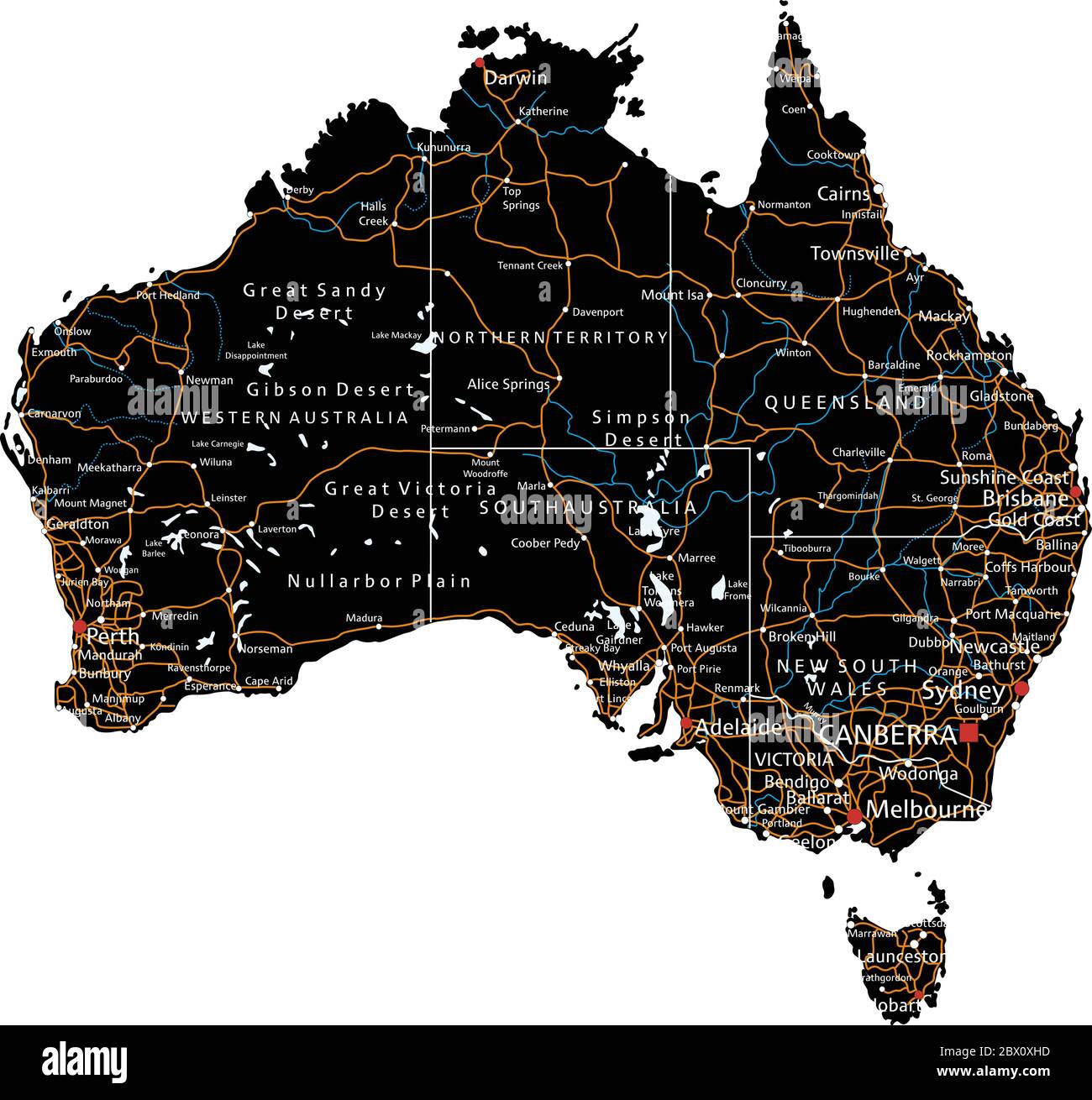 Mappa stradale australiana dettagliata con etichettatura - Nero. (chiaramente etichettato su strati separati) Illustrazione Vettoriale