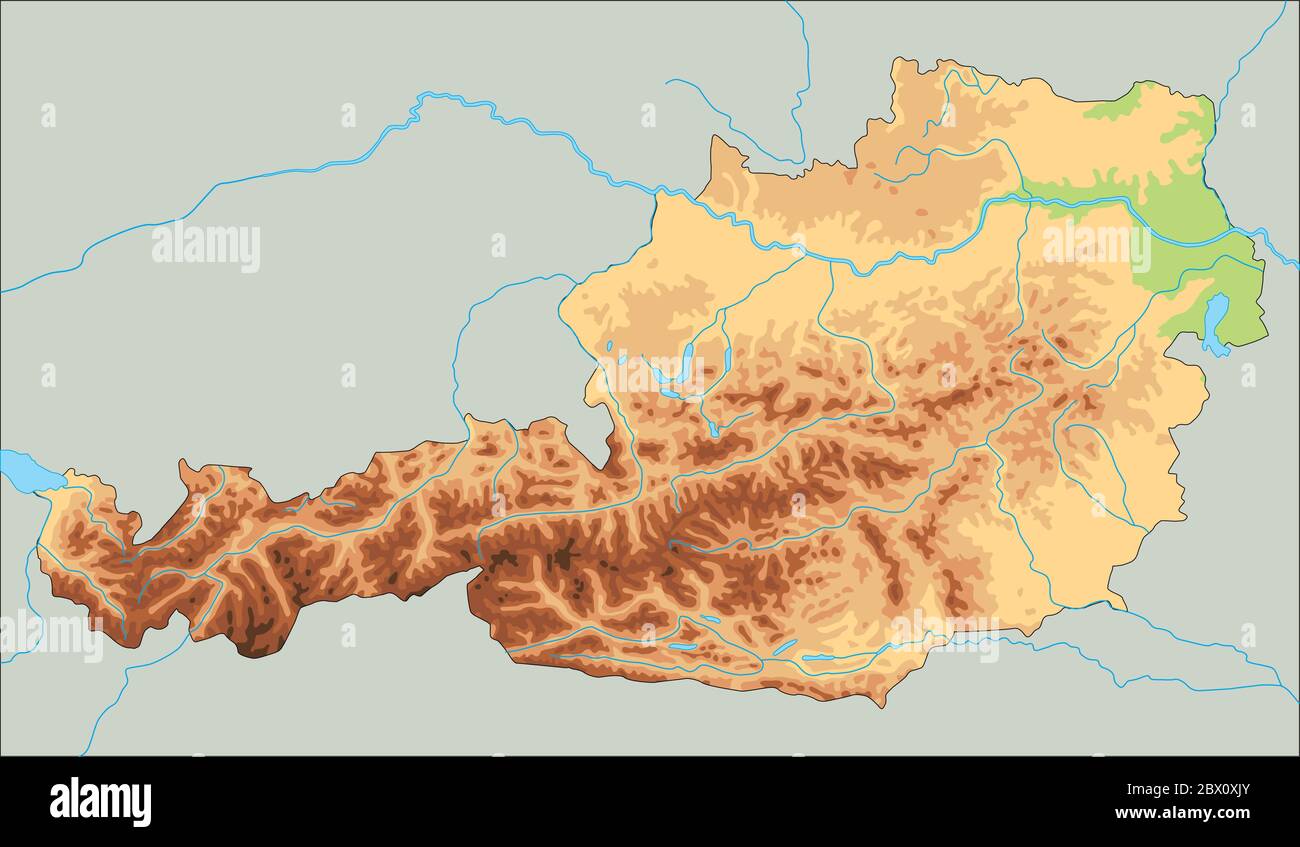 Mappa fisica dell'Austria dettagliata. Illustrazione Vettoriale