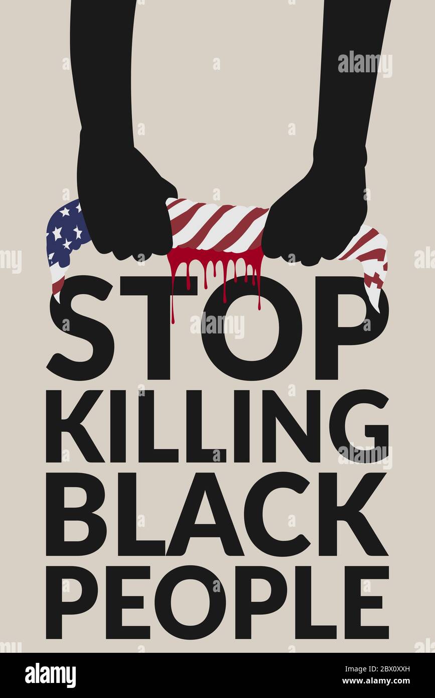 Black Lives Matter Concept. Mani di gente nera intrecciata bandiera americana tessuto, sangue drenato dal tessuto su testo 'top uccidere nero persone' Illustrazione Vettoriale