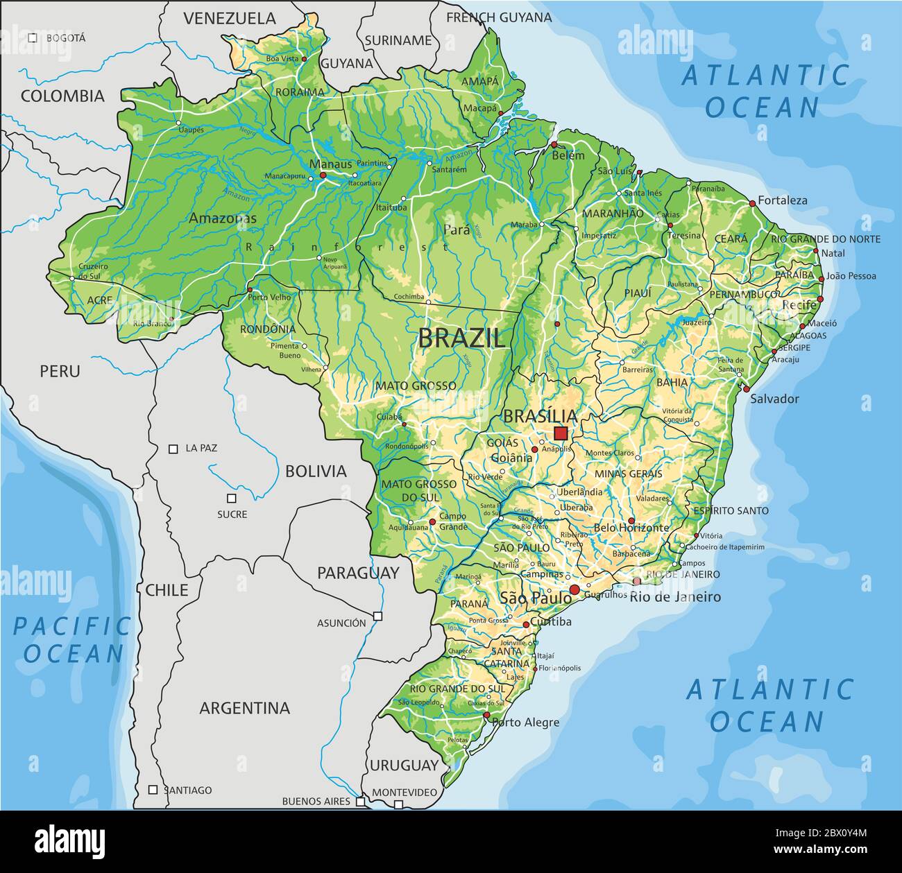 Mappa fisica Brasile con etichettatura. Illustrazione Vettoriale