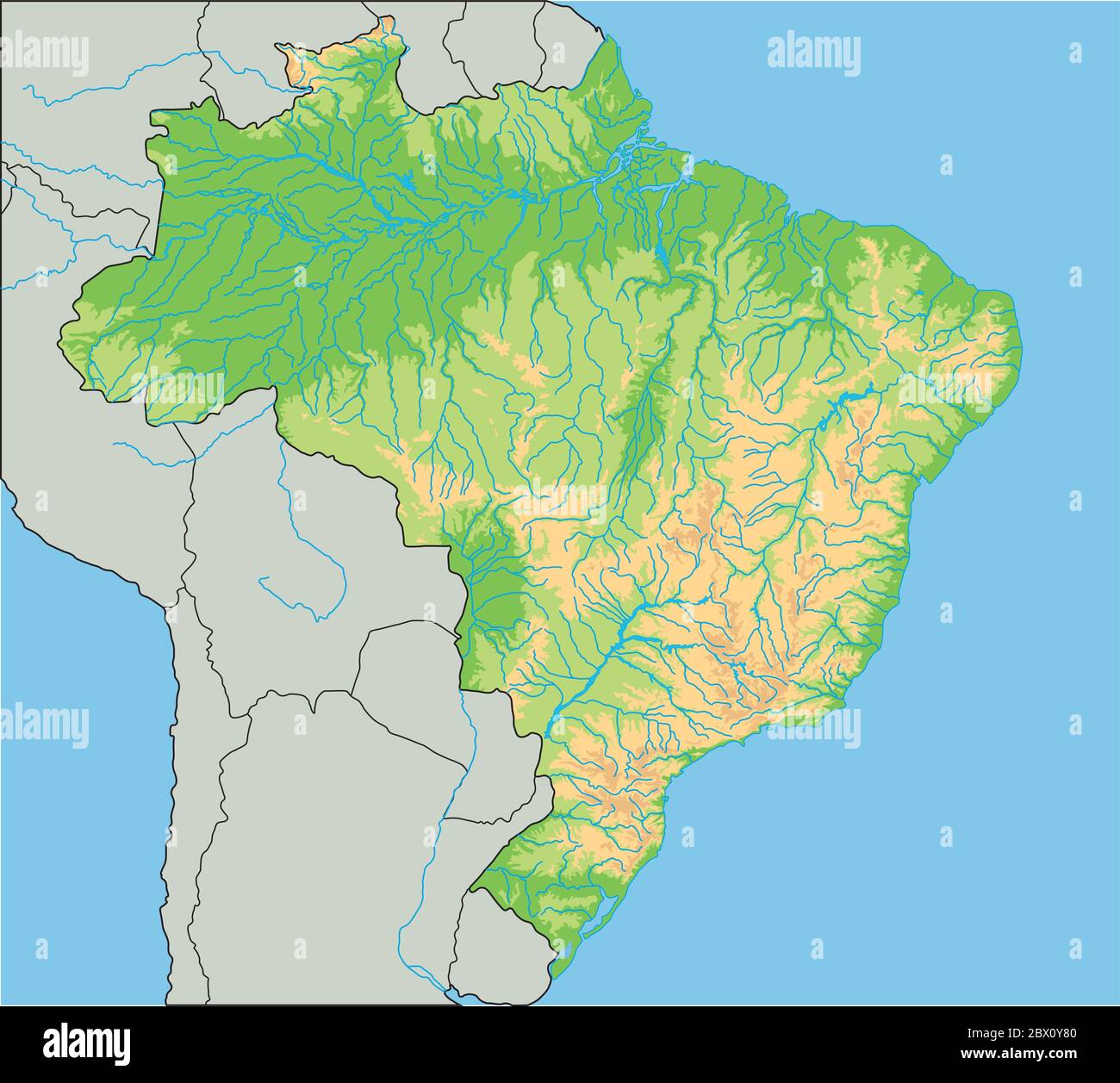 Mappa fisica Brasile dettagliata. Illustrazione Vettoriale