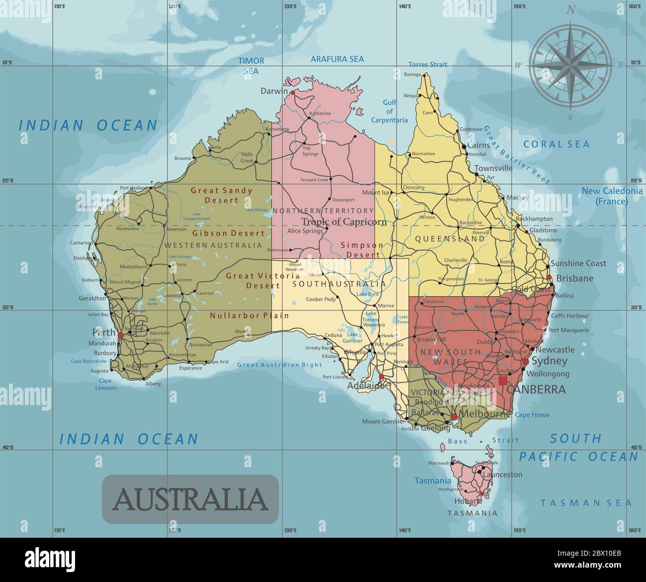 Australia - Mappa politica modificabile e molto dettagliata con livelli separati. Illustrazione Vettoriale