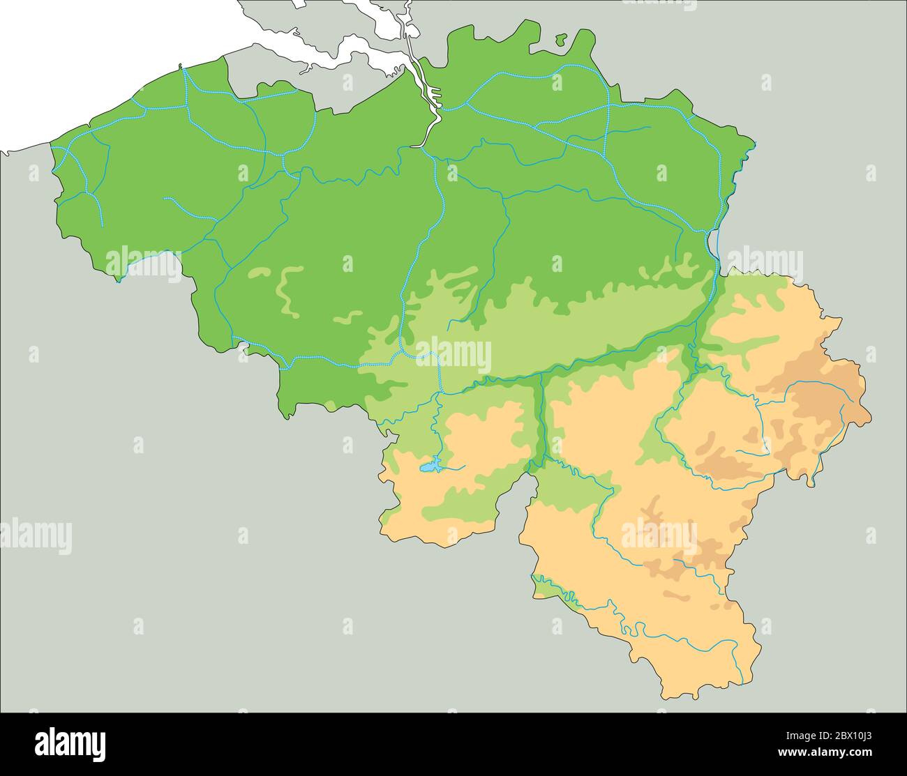 Mappa fisica del Belgio dettagliata. Illustrazione Vettoriale