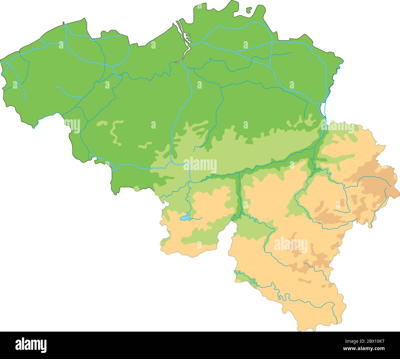 Mappa fisica del Belgio dettagliata. Illustrazione Vettoriale