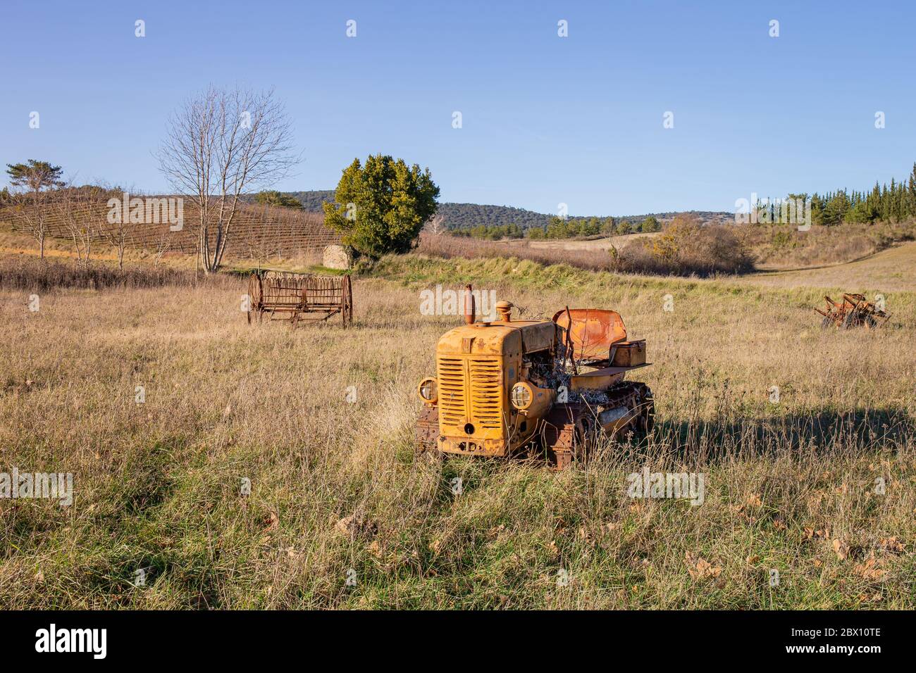 Antichi attrezzi agricoli lasciati fuori nel campo Foto Stock