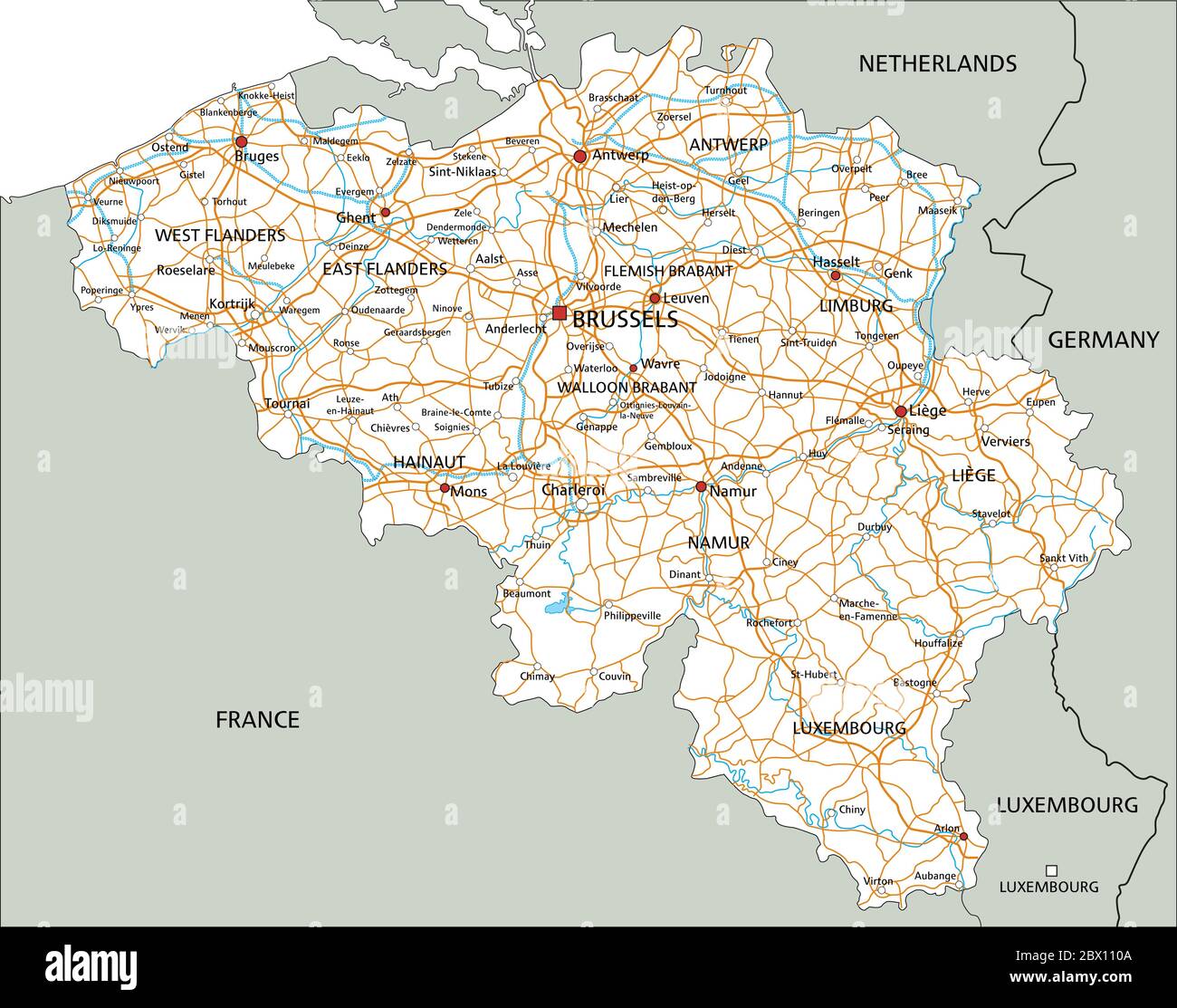 Mappa stradale dettagliata del Belgio con etichettatura. Illustrazione Vettoriale