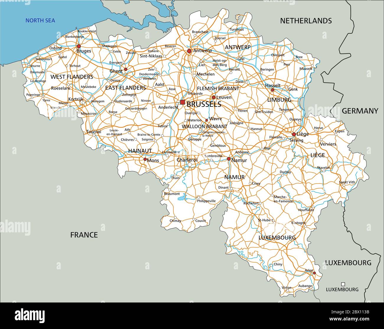 Mappa stradale dettagliata del Belgio con etichettatura. Illustrazione Vettoriale