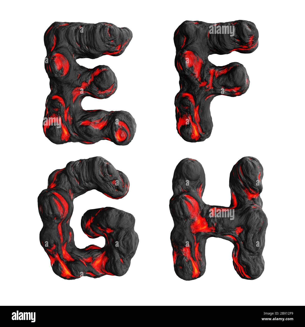 Rendering 3D di lettere maiuscole di lava liquida calda alfabeto su bianco - lettere e-H. Foto Stock