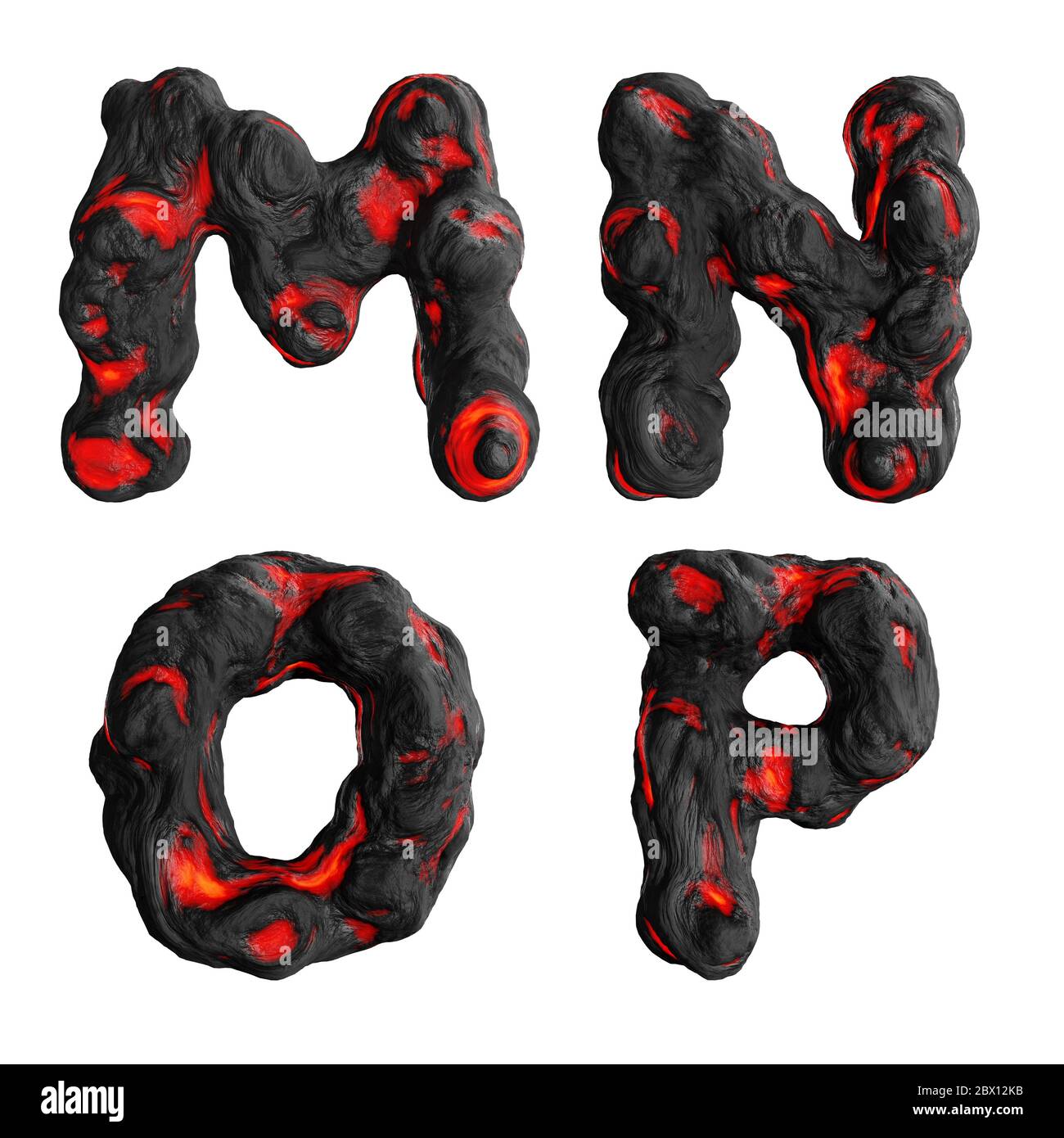 Rendering 3D di lettere maiuscole di lava liquida calda alfabeto su bianco - lettere M-P. Foto Stock