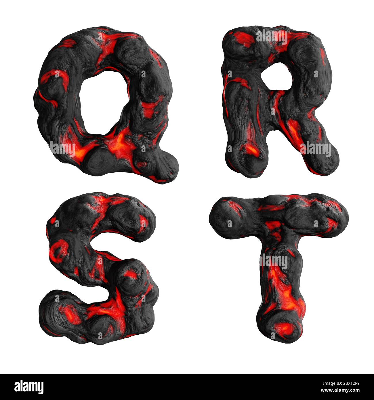 Rendering 3D di lettere maiuscole di lava liquida calda alfabeto su bianco - lettere Q-T. Foto Stock
