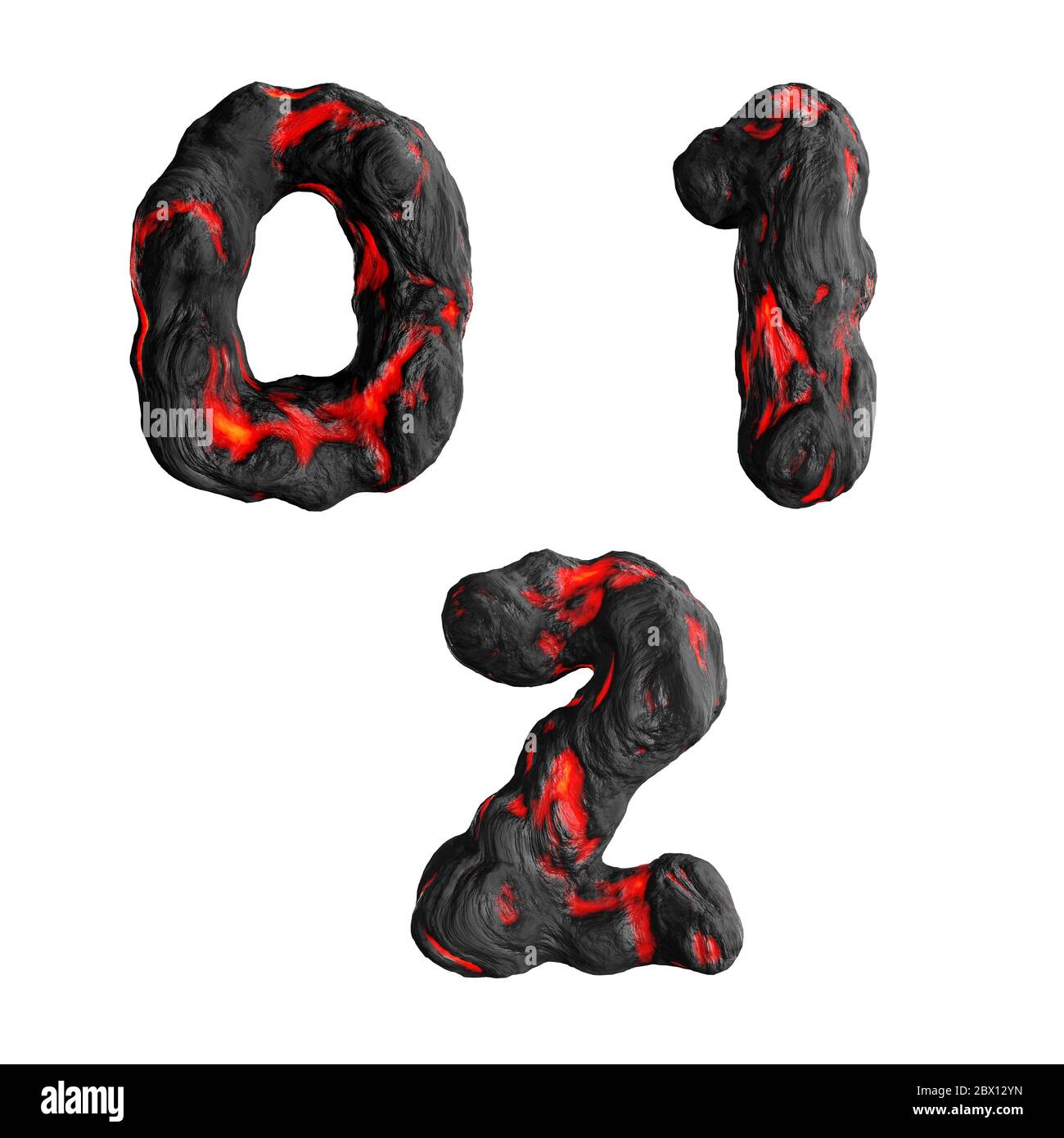 Rendering 3D delle cifre di lava liquida calda su bianco - cifre 0-2 Foto Stock