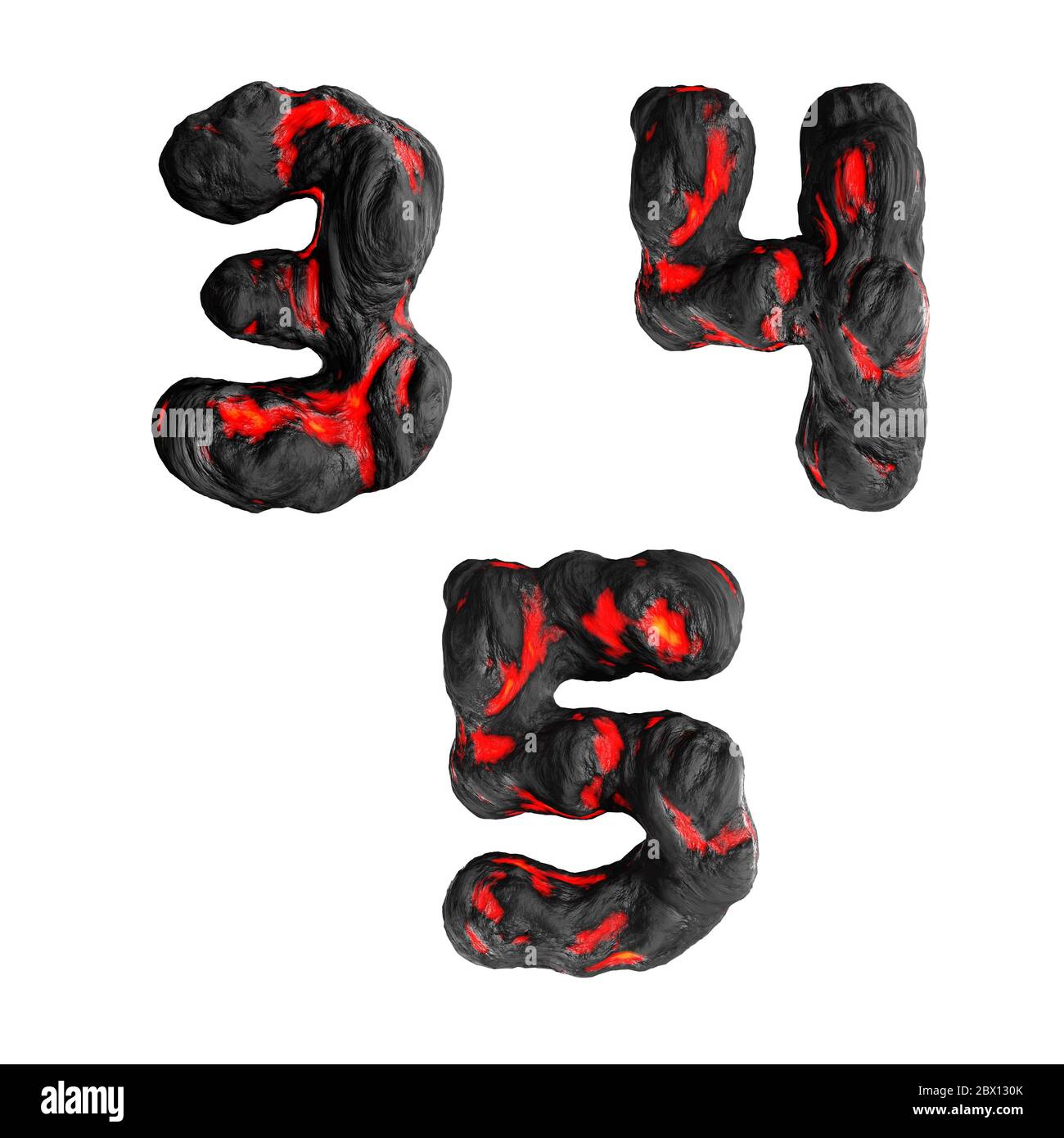 Rendering 3D delle cifre di lava liquida calda su bianco - cifre 3-4 Foto Stock