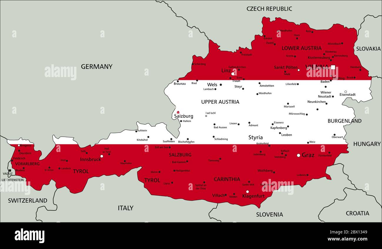 Austria Mappa politica molto dettagliata con bandiera nazionale. Illustrazione Vettoriale