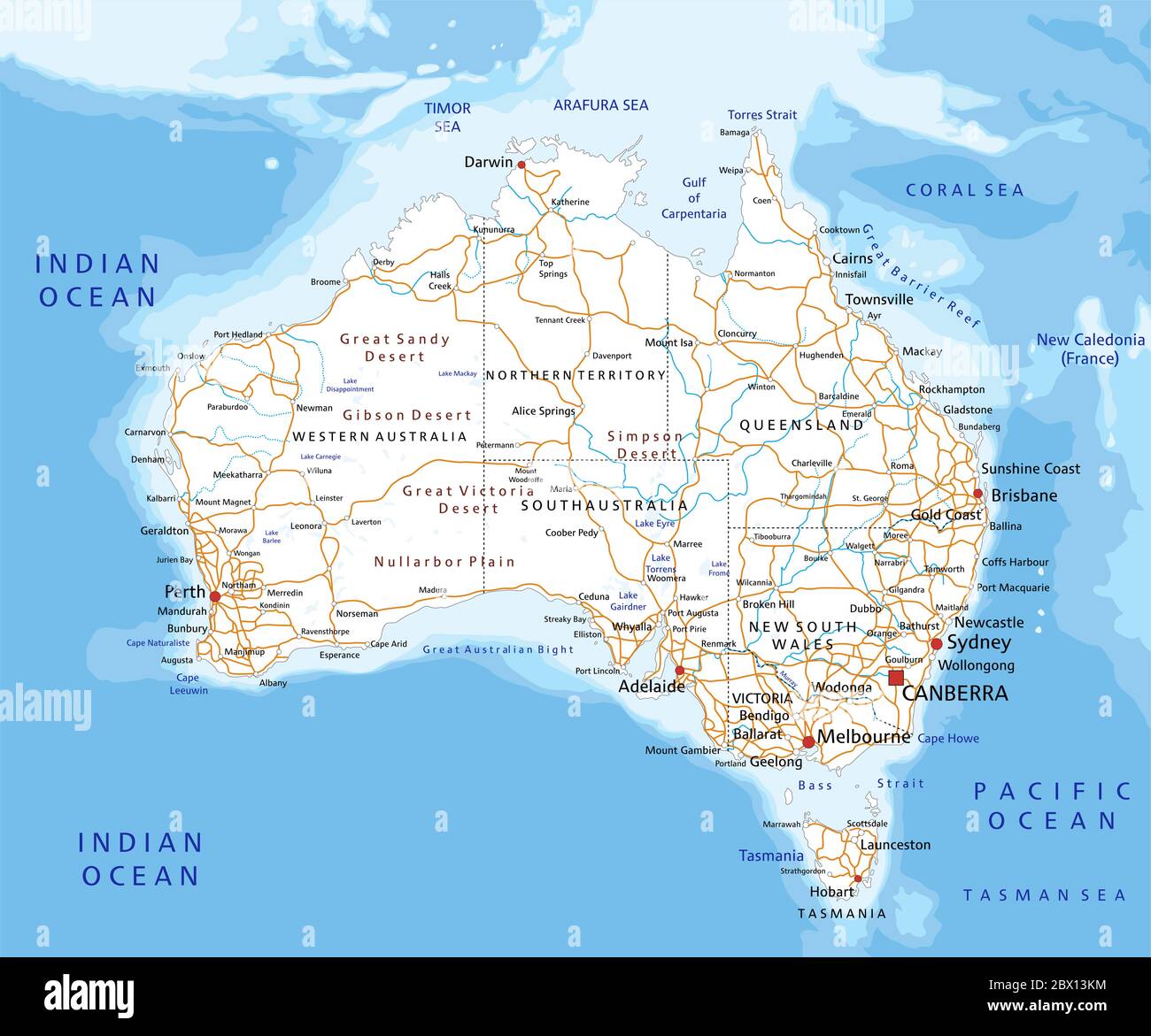 Mappa stradale australiana dettagliata con etichettatura. Illustrazione Vettoriale