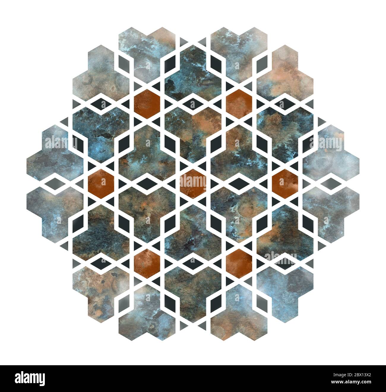 Design con elementi geometrici arrotondati e geometrici a fiori arabi. Emblema o segno di fiore arabesco isolato su sfondo bianco Foto Stock