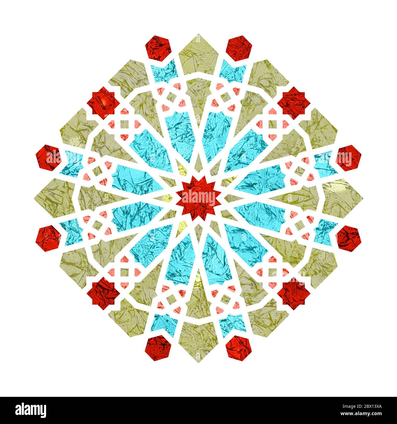 Design con elementi geometrici arrotondati e geometrici a fiori arabi. Emblema o segno di fiore arabesco isolato su sfondo bianco Foto Stock