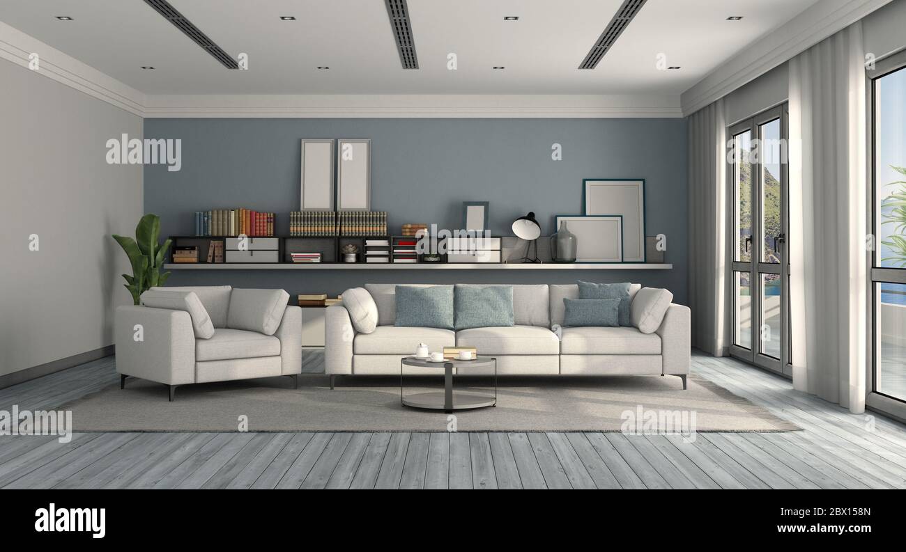 Moderno soggiorno bianco e blu con divano in tessuto, poltrona e credenza sullo sfondo - rendering 3d Foto Stock