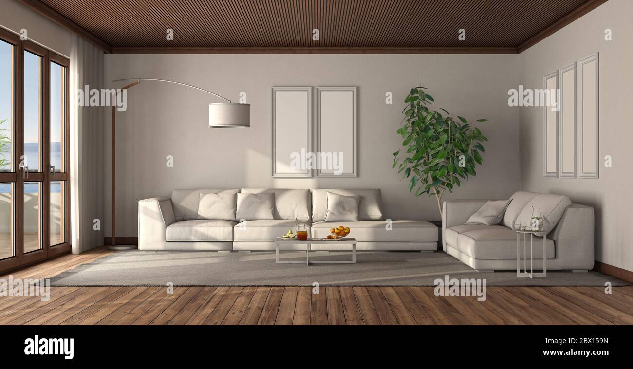 Soggiorno bianco minimalista con soffitto in legno ed elegante divano - rendering 3d Foto Stock