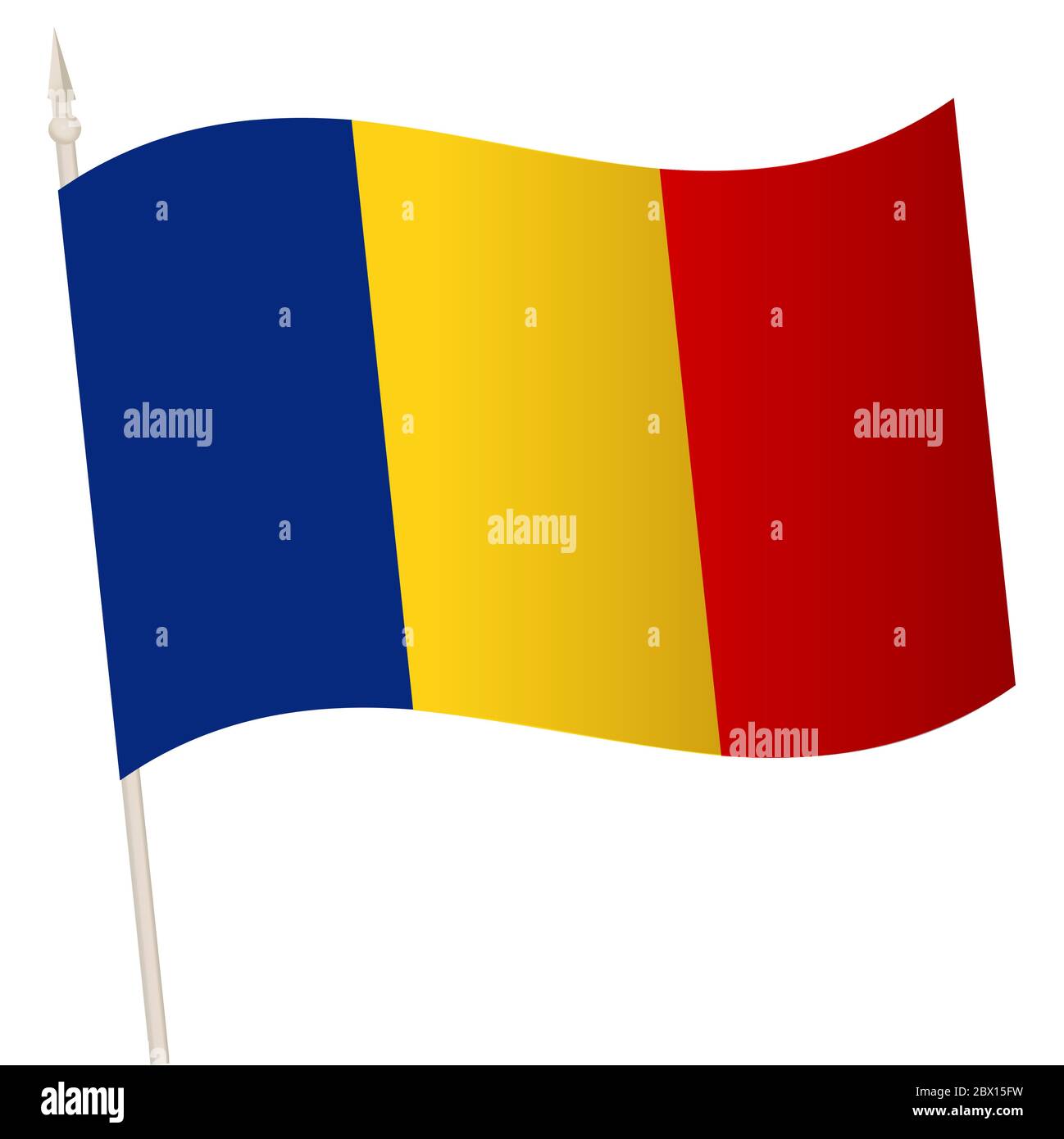 Flag di ondulazione vettoriale su un flagpole. Bandiera nazionale della Romania. Simbolo di colore isolato su bianco. Illustrazione Vettoriale
