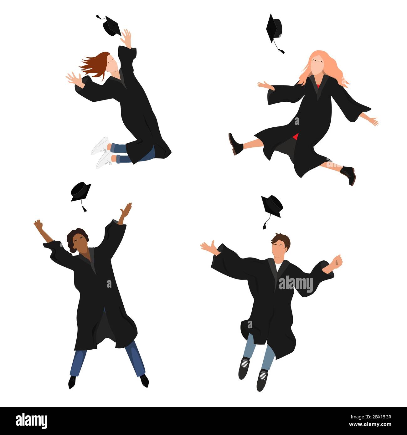 Insieme vettoriale con studenti di laurea felici in abbigliamento di laurea. Grads, saltando e gettando le mortarboards in alto nell'aria. Vettore piatto Illustrazione Vettoriale