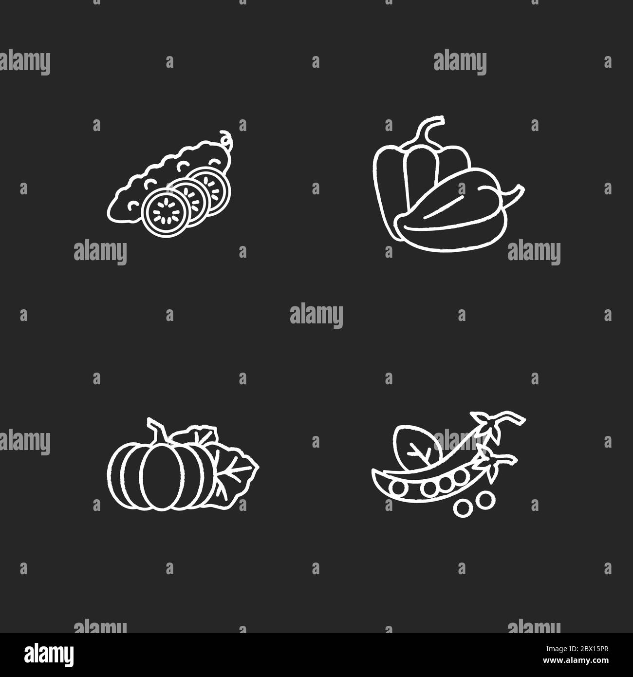 Ingrediente insalata gesso bianco icone set su sfondo nero. Cetriolo intero con fette. Peperoni bulgari. Verdure crude per cucinare. Veggies per morire Illustrazione Vettoriale