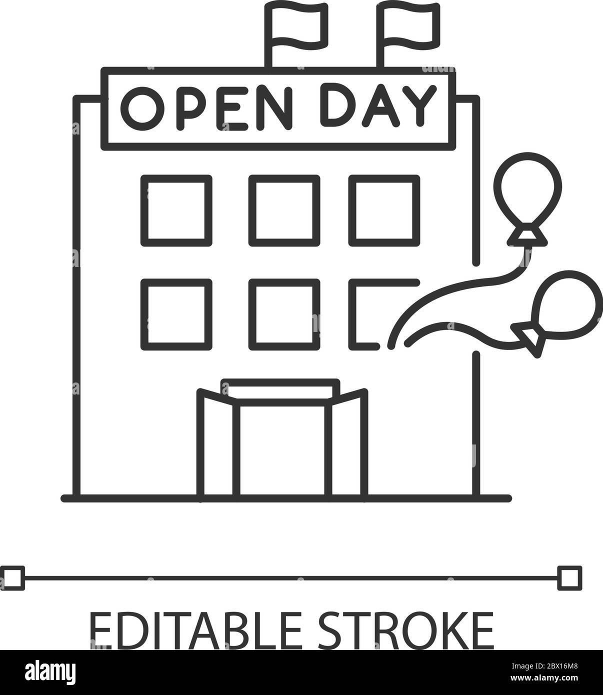 Icona lineare perfetta pixel giorno aperto. Evento speciale in azienda. Invita all'organizzazione. Illustrazione personalizzabile su linee sottili. Simbolo del contorno. VECTO Illustrazione Vettoriale