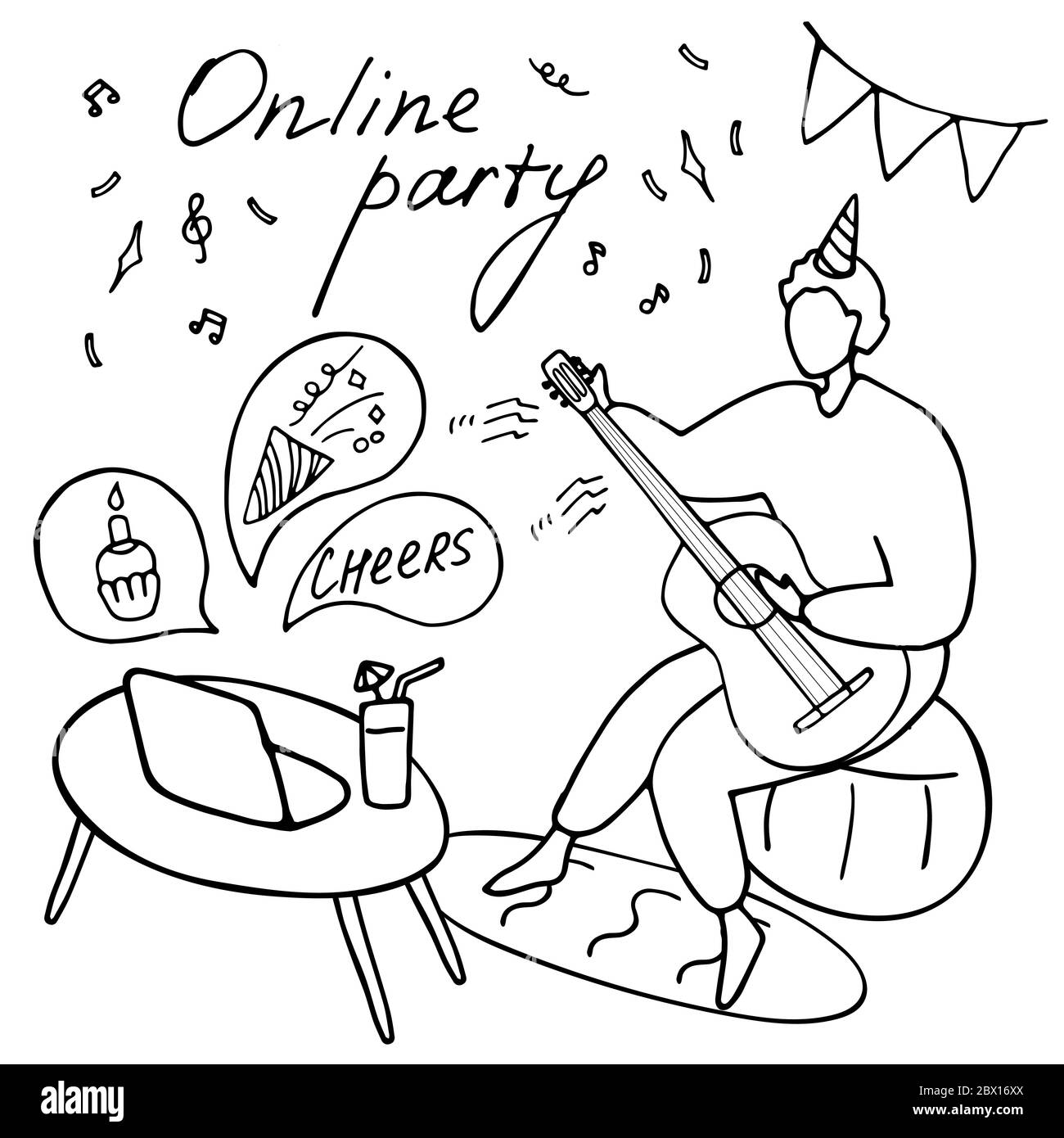 Amici di festa, compleanno, riunione virtuale. Uomo seduto davanti al laptop con la chitarra. Chat video. Illustrazione vettoriale disegnata a mano Illustrazione Vettoriale