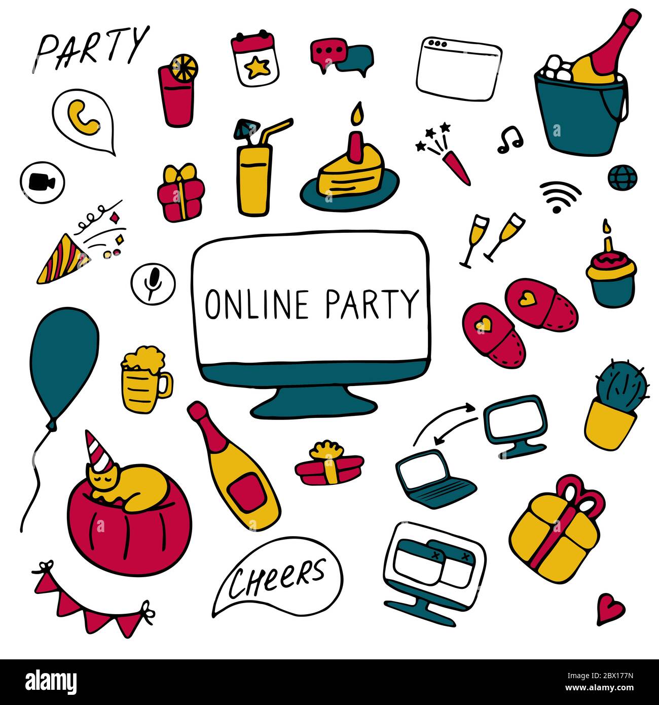 Set di icone per il party online. Doodle celebrazione segni. Illustrazione vettoriale piatta disegnata a mano. Illustrazione Vettoriale